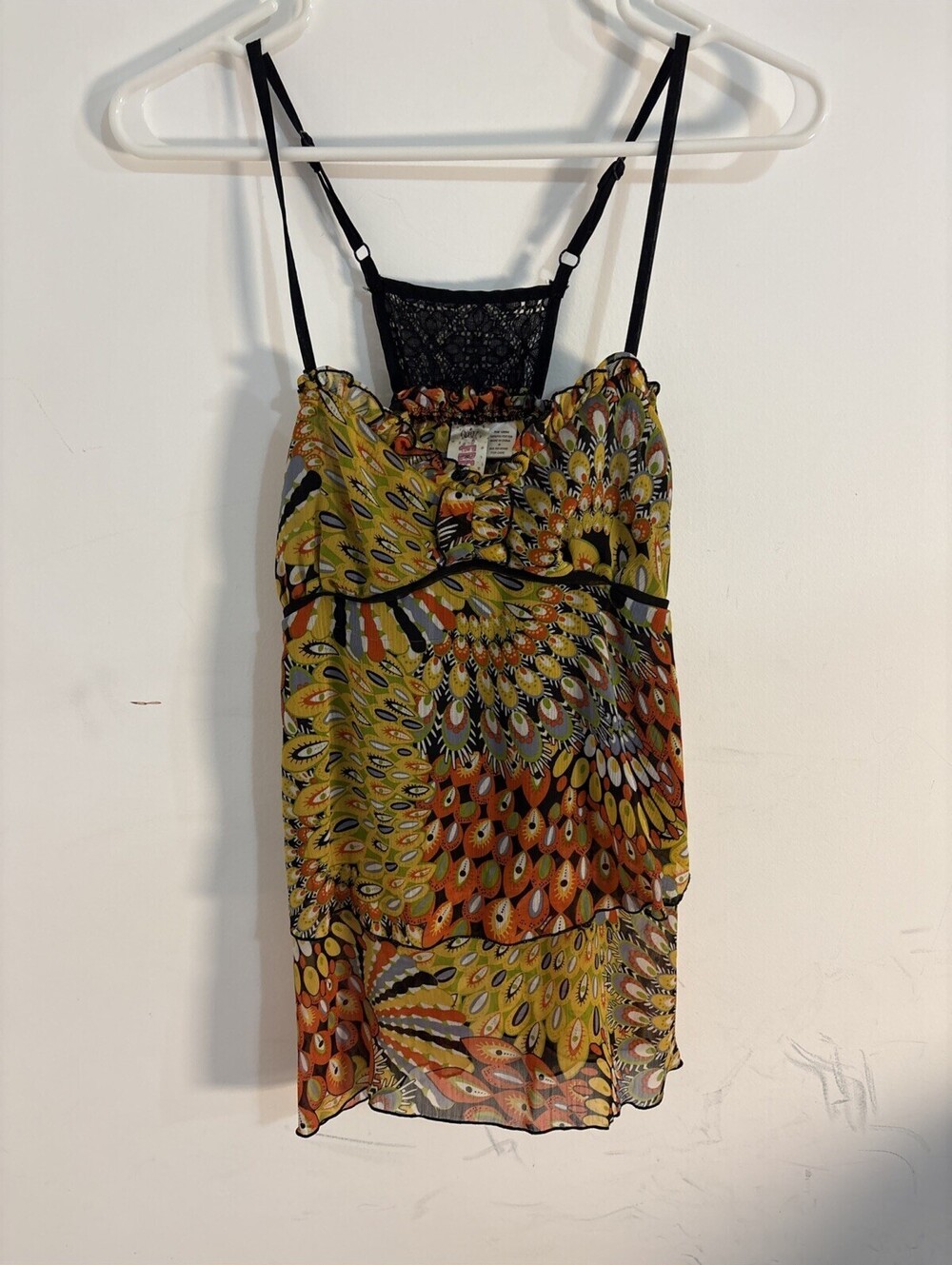 Y2K Fresh Brewed Tank Top Medium Camisole Abstract Feather Chiffon Lace Back